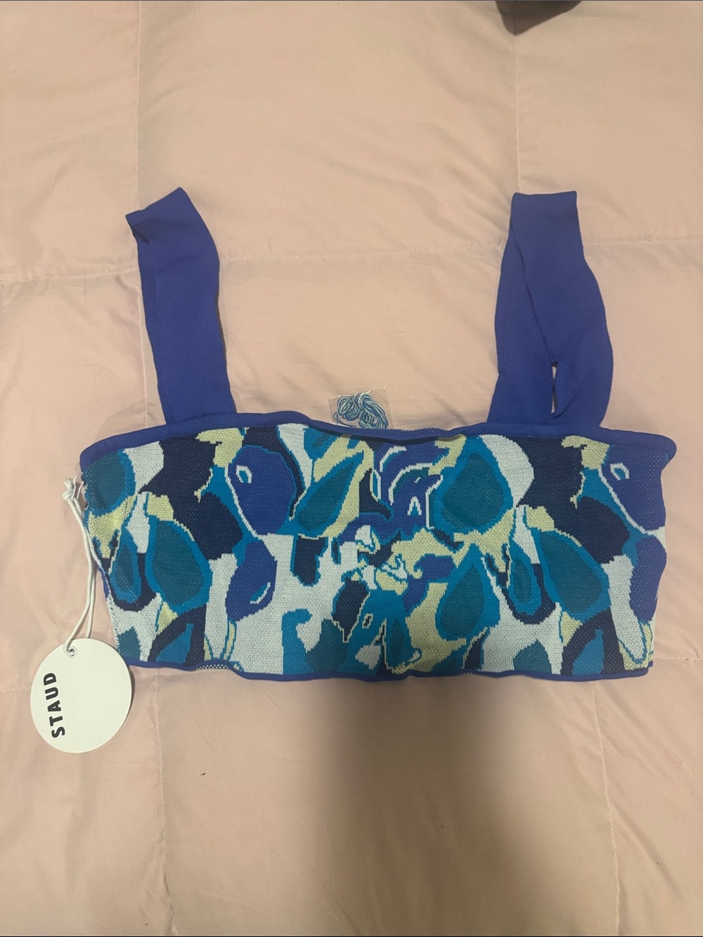 STAUD Blue and Teal Floral Jacquard crop top